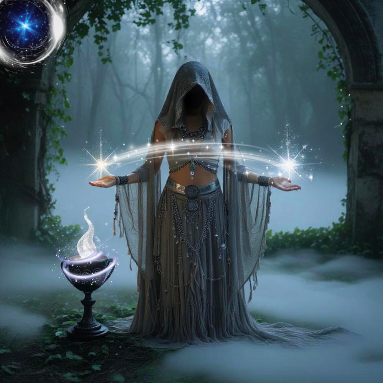 Woman cloaked in silver with flowing butterfly sleeves and boho belt, standing under a vine-wrapped archway in a smoky, foggy forest. Her face is shadowed, hands outstretched with shimmering silver sparks and swirling magical light between them.