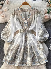 Ruffled Lantern Sleeve Boho Dress